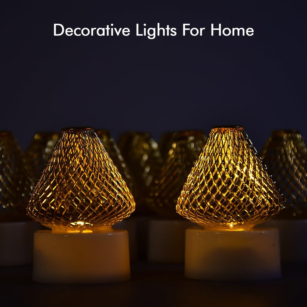 Led Flameless Candle Lights With Golden Net Cover (Set of 12)