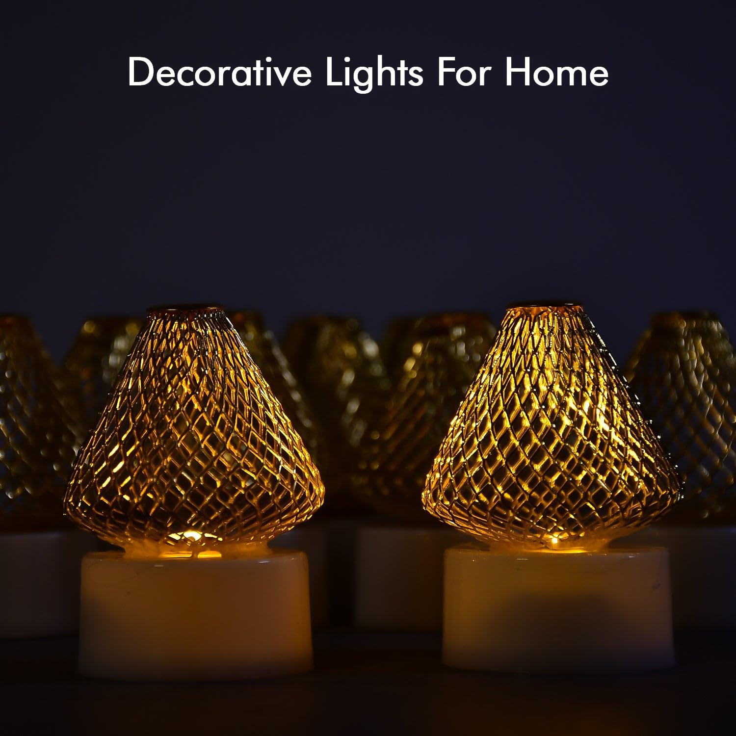 Led Flameless Candle Lights With Golden Net Cover (Set of 12)