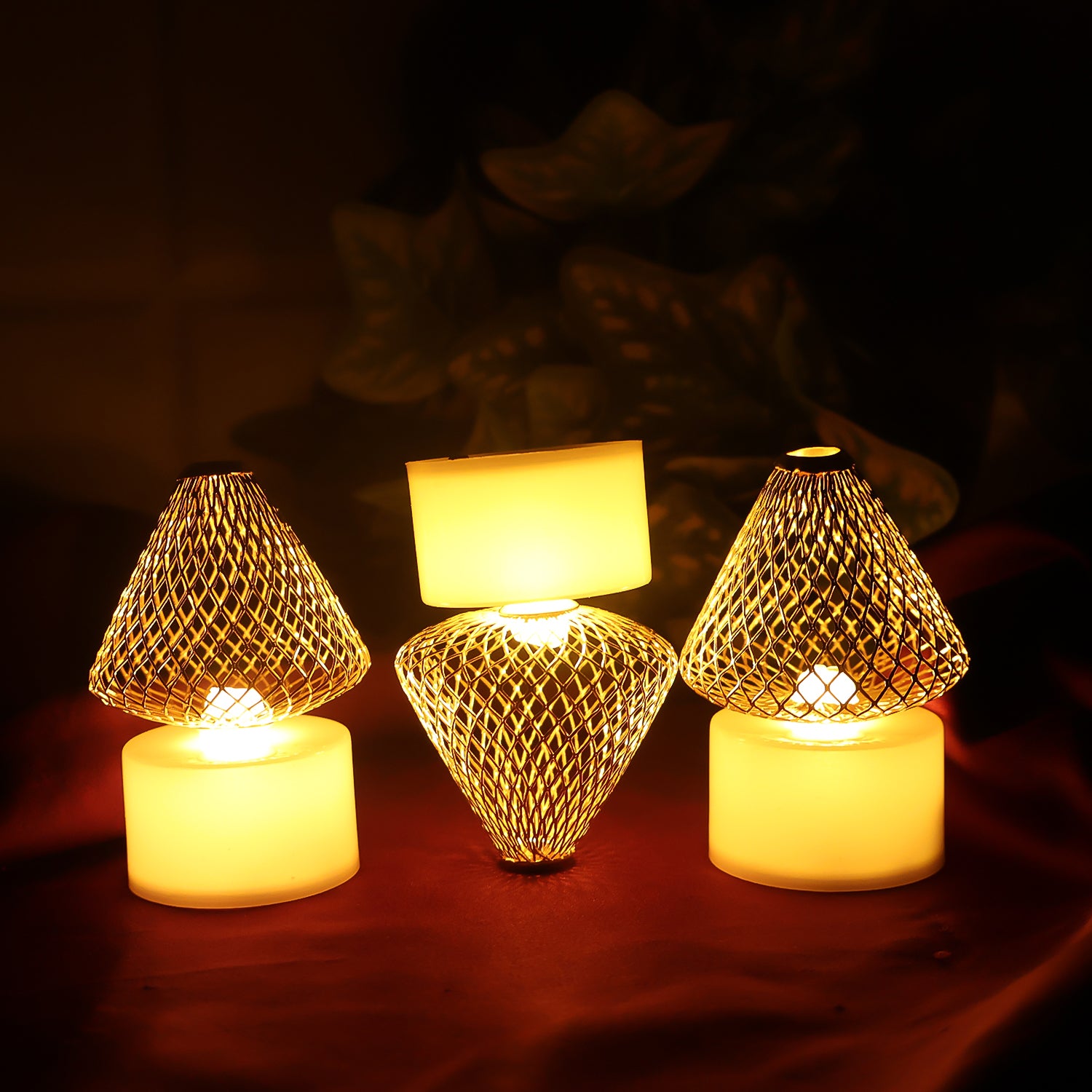 Led Flameless Candle Lights With Golden Net Cover (Set of 12)