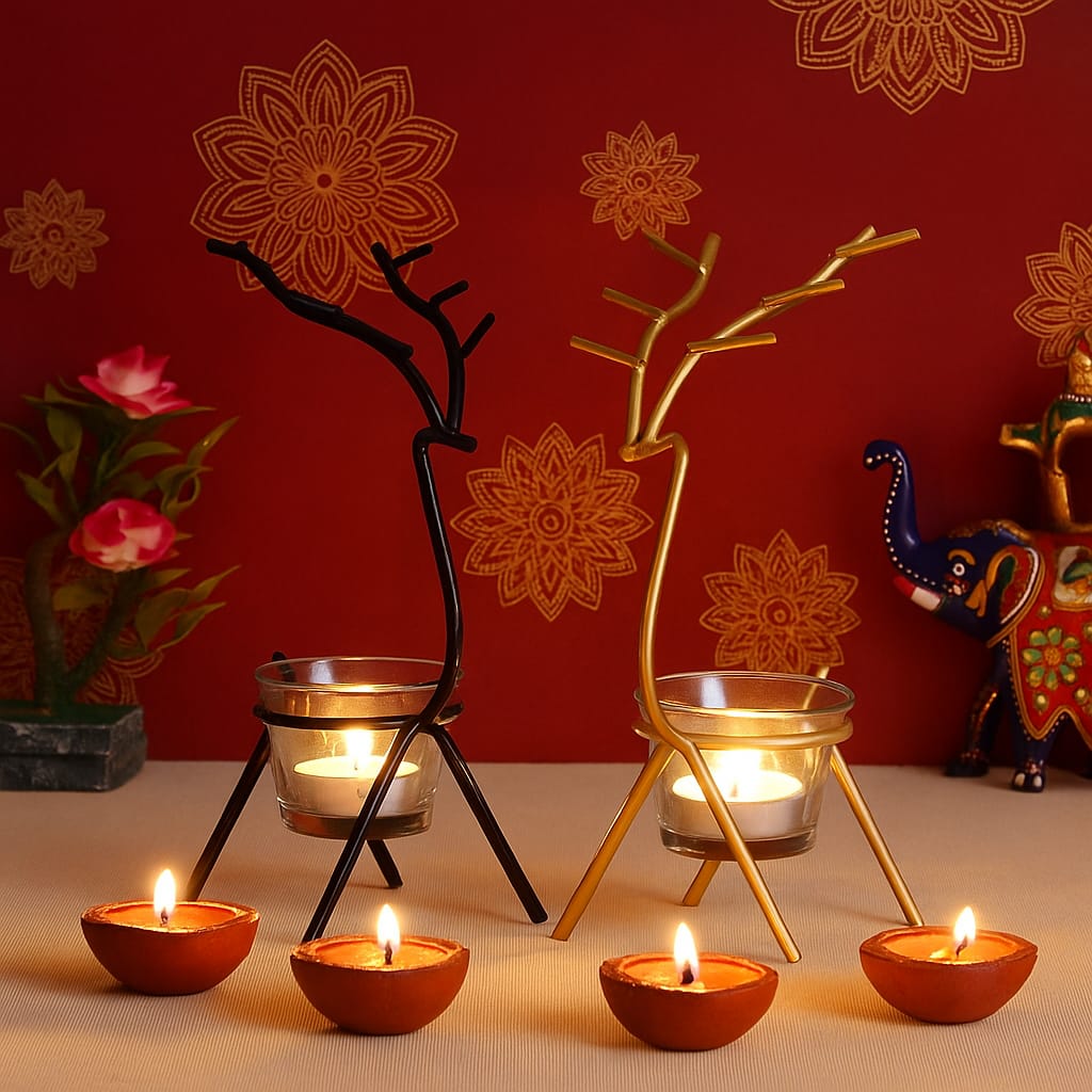 Deer Shape Decorative Handcrafted Metal Tea Light Holder (Set of 2)