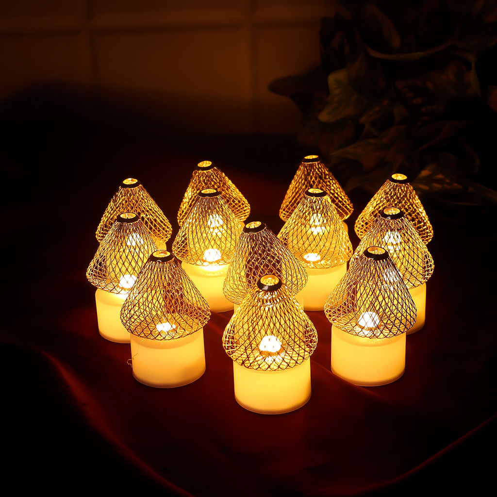 Led Flameless Candle Lights With Golden Net Cover (Set of 12)